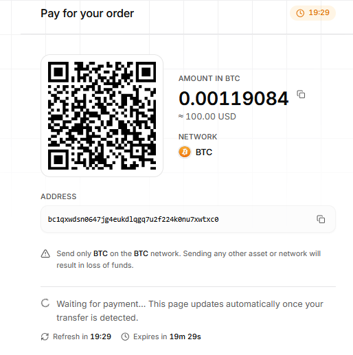 crypticapay checkout with a Bitcoin QR code, amount, wallet address, network warning, and live payment status