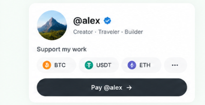 Personal cryptocurrency payment profile for @alex